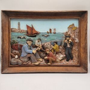 Vintage Welsh Fisherman Framed Hand Painted Wall Plaque 16 X 12 In